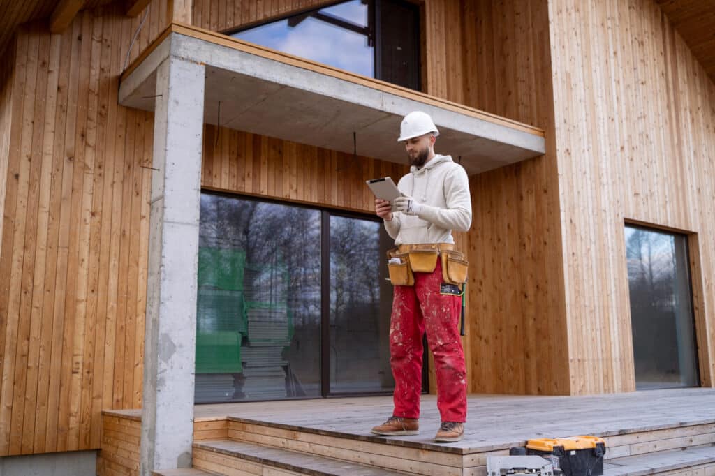 Obrero construyendo una casa pasiva
